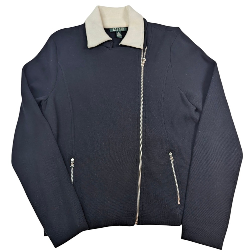 Lauren‎ Ralph Lauren Black Knit Moto Jacket - XL Cream Collar Cotton